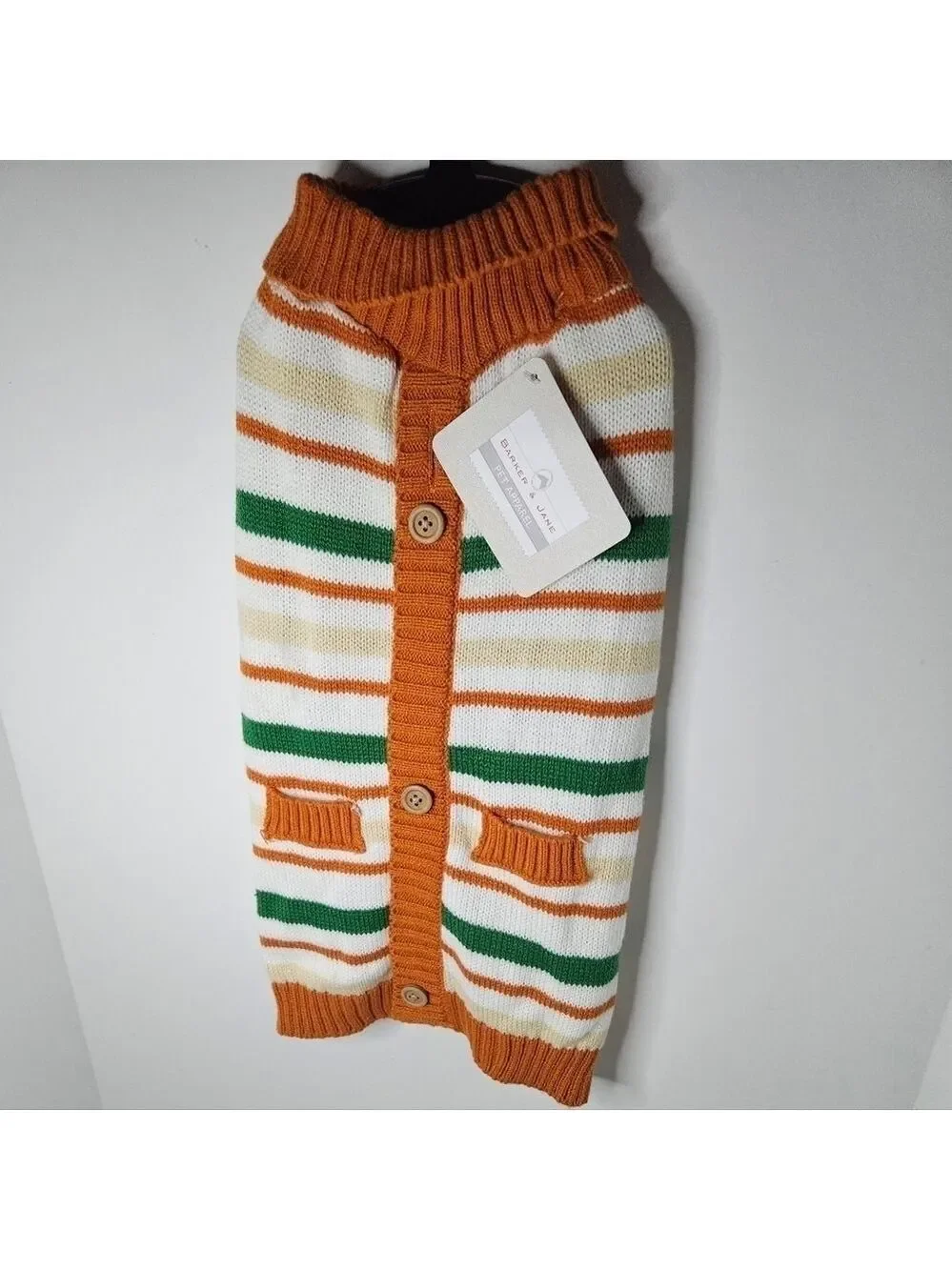 BARKER & JANE Sweater Orange Cream Brown Green Stripe Acrylic Size Medium